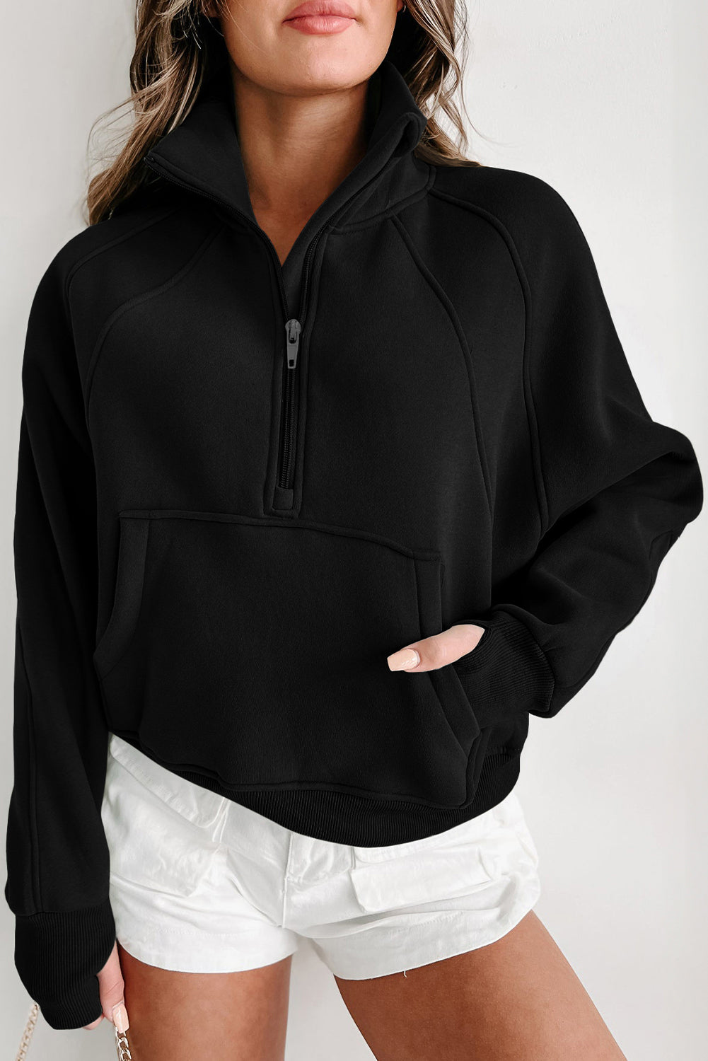 Black Zip Up Stand Collar Ribbed Thumbhole Sleeve Sweatshirt MTA0140