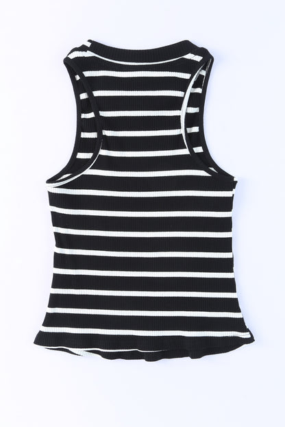 Black Striped Print Ribbed O-neck Sleeveless Top MTO0189