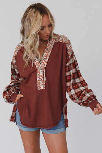 Red Floral Plaid Mixed Print Bishop Sleeve Patchwork Top MTS0183