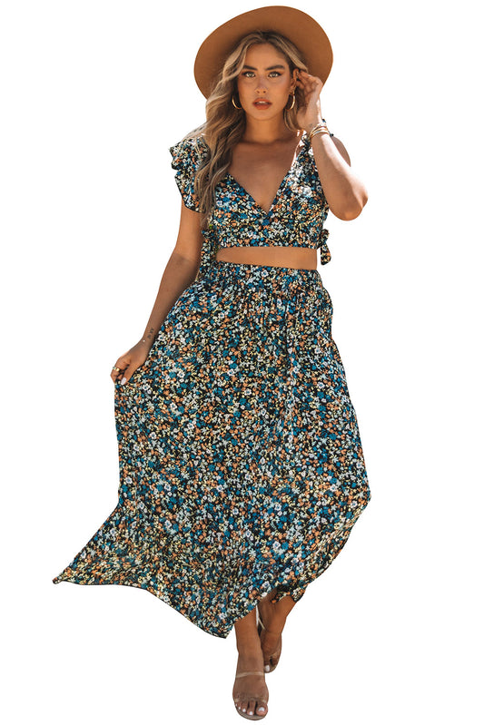 Multicolor Floral Ruffled Crop Top and Maxi Skirt Set MSO0218