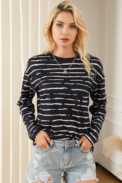 Black Retro Striped Casual Long Sleeve Top MTS0158