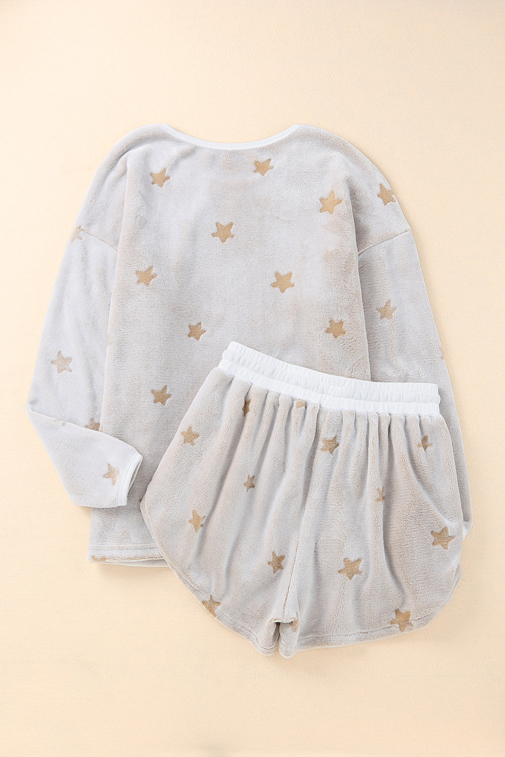 White Plush Star Pattern Long Sleeve Pullover and Shorts Lounge Set MSJ0046
