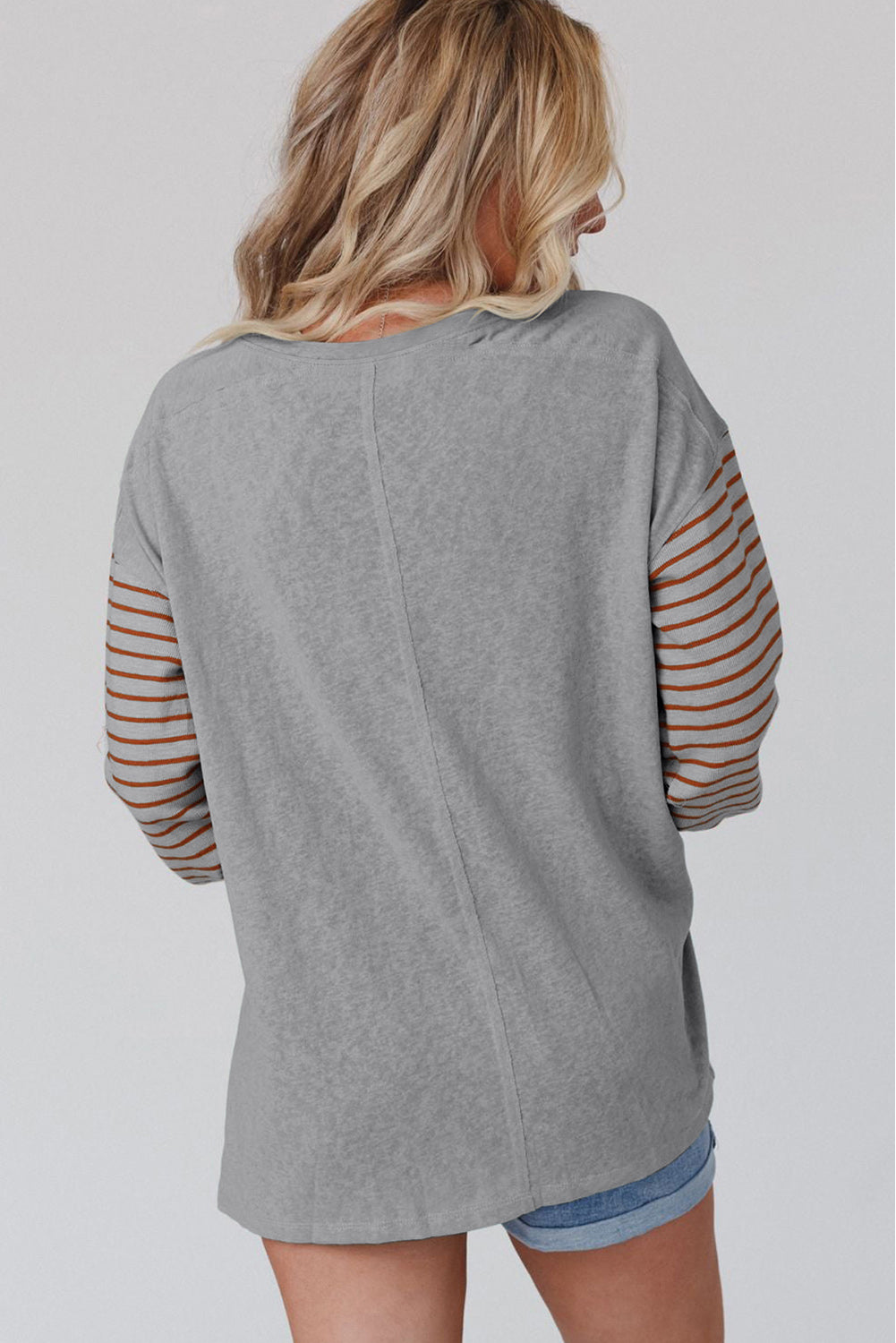 Gray Colorblock Striped Bishop Sleeve Top MTS0164