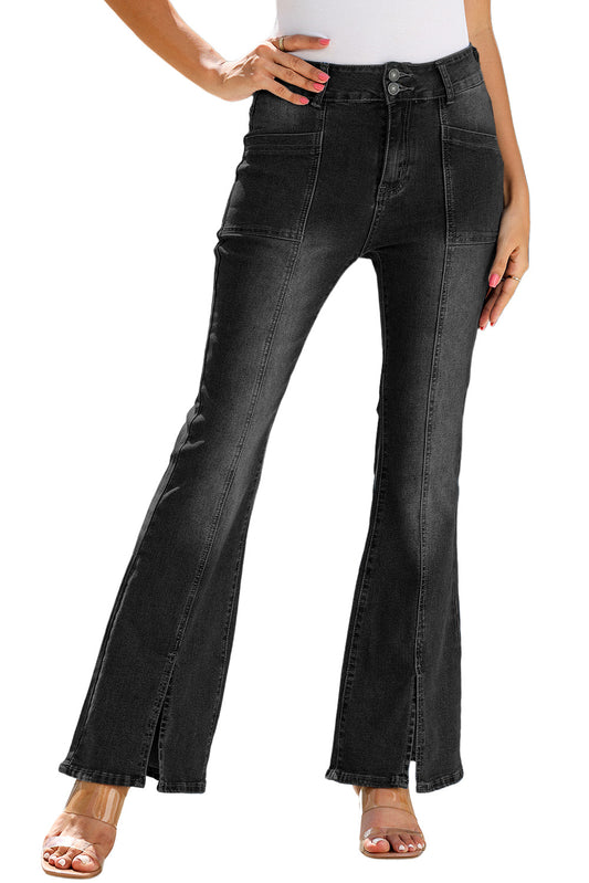 Black Exposed Seam Split Flare Jeans MPJ0129