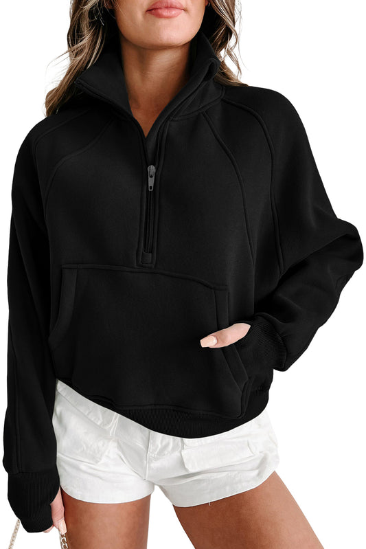 Black Zip Up Stand Collar Ribbed Thumbhole Sleeve Sweatshirt MTA0140