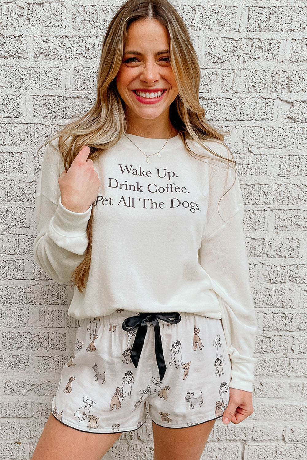 White Long Sleeve Letters Pullover and Animal Shorts Lounge Set MSJ0087