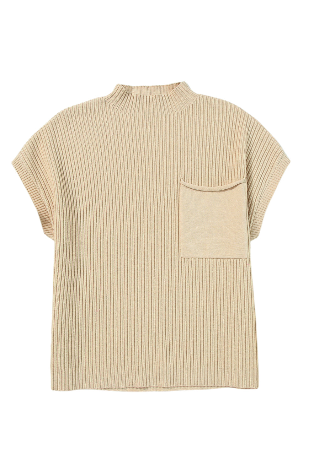 Oatmeal Patch Pocket Ribbed Knit Short Sleeve Sweater MTO0196