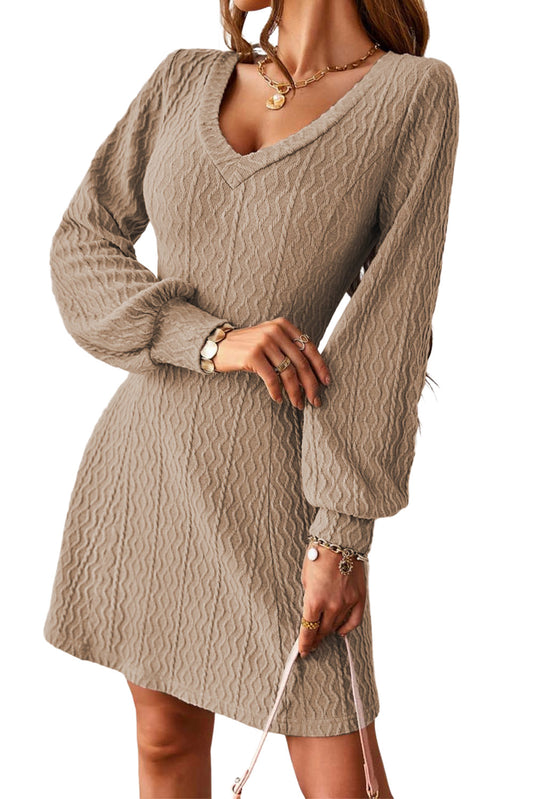 Beige Textured Knit V-Neck Bishop Sleeve Sweater Dress MDJ0117