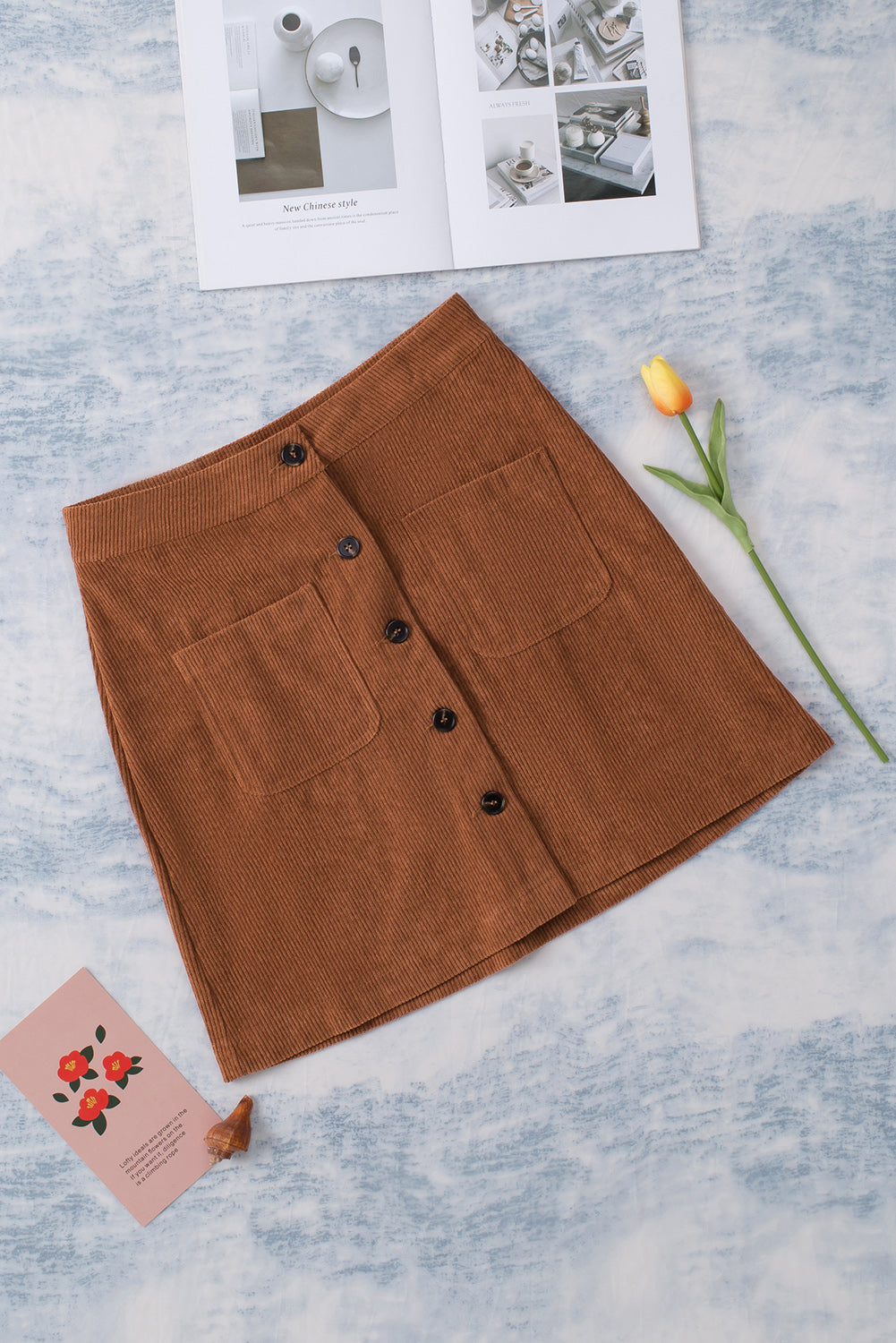 Brown Buttons Front Corduroy Mini Skirt MEO0214