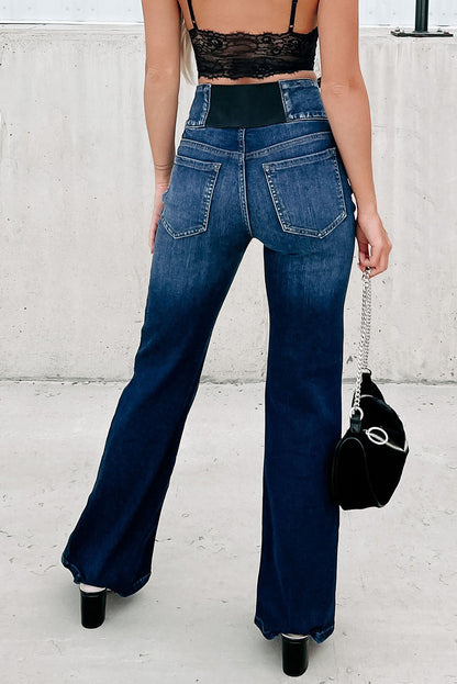 Blue Buttons Elastic Wide Waistband Back Flare Jeans MPJ0092