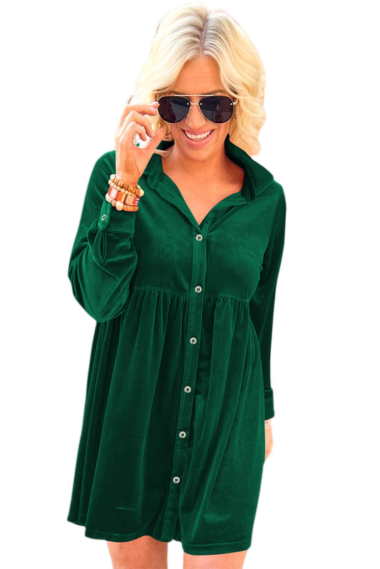 Green Long Sleeve Ruffle Velvet Button Up Dress MTS0168