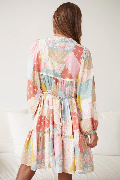 Multicolor Floral Puff Sleeve Buttoned V-Neck Dress MTS0169