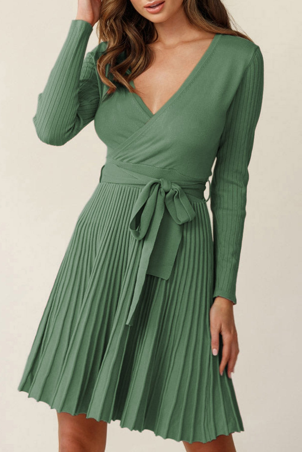 Belted V Neck Ribbed Pleated Sweater Dress MDJ0118