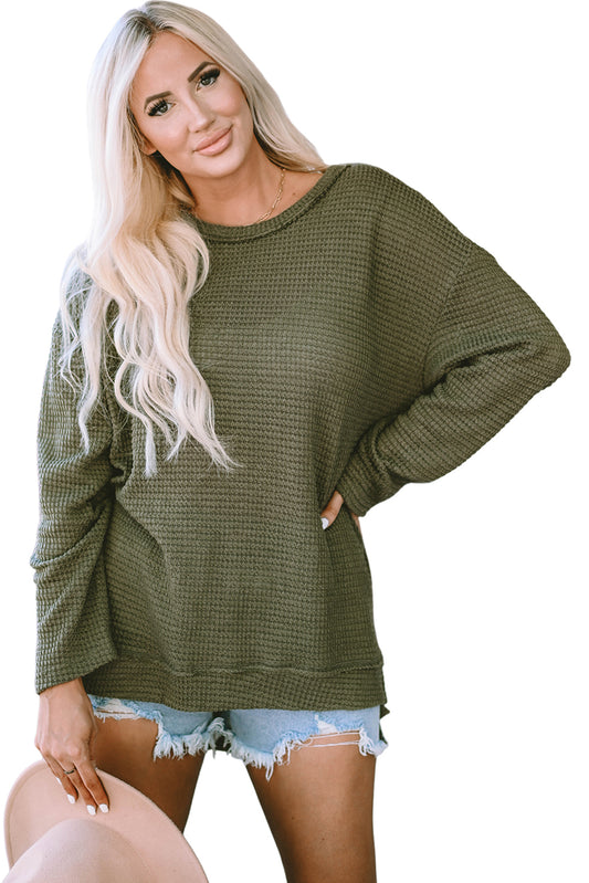 Green Waffle Knit High Slits Oversized Top MTS0176