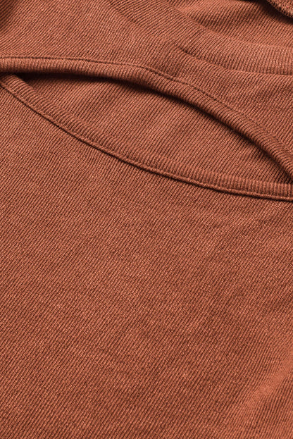 Brown Ribbed Peekaboo Cutout Long Sleeve Top MTS0181