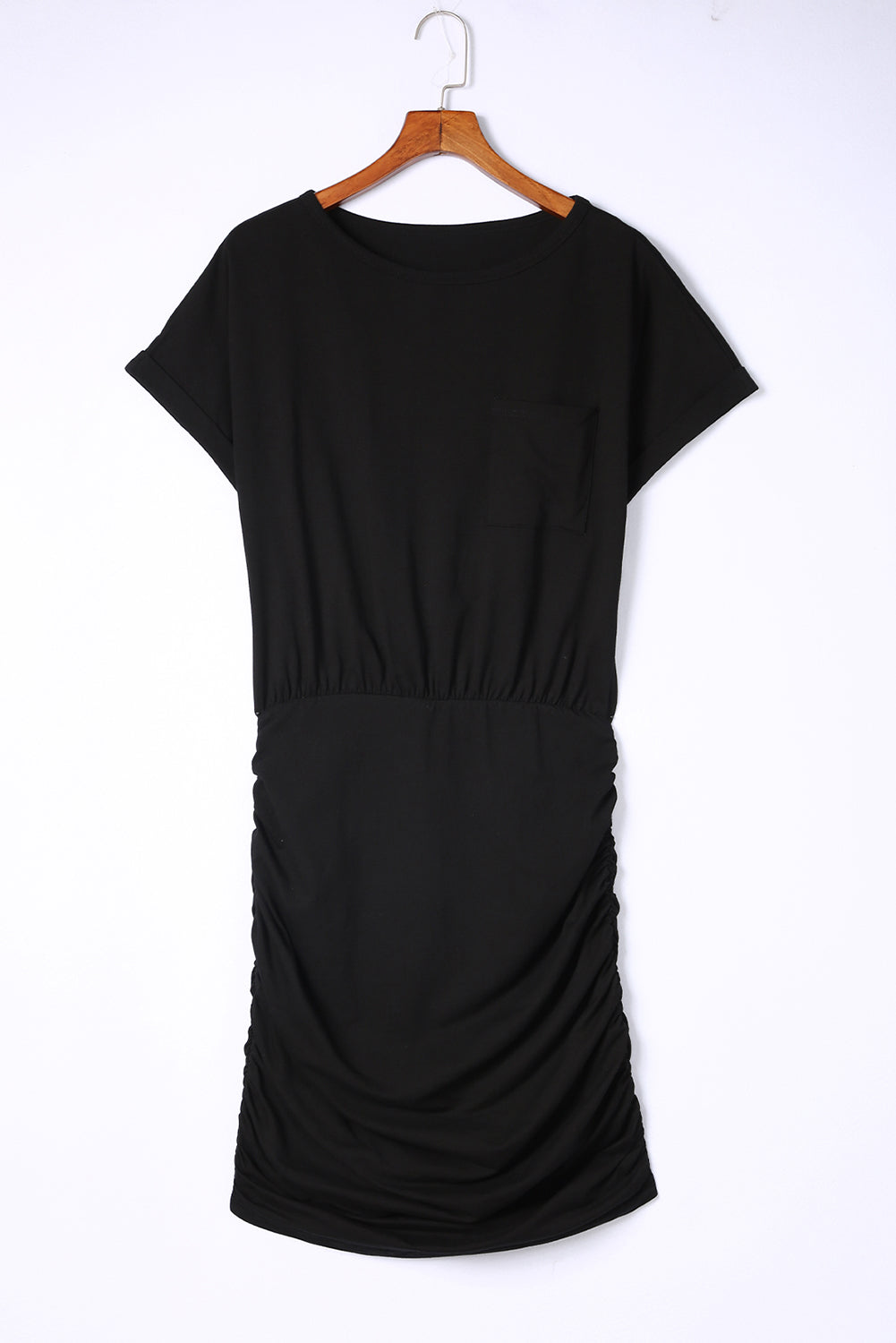 Black Chest Pocket Loose T-shirt Ruched Bodycon Mini Dress MDJ0081