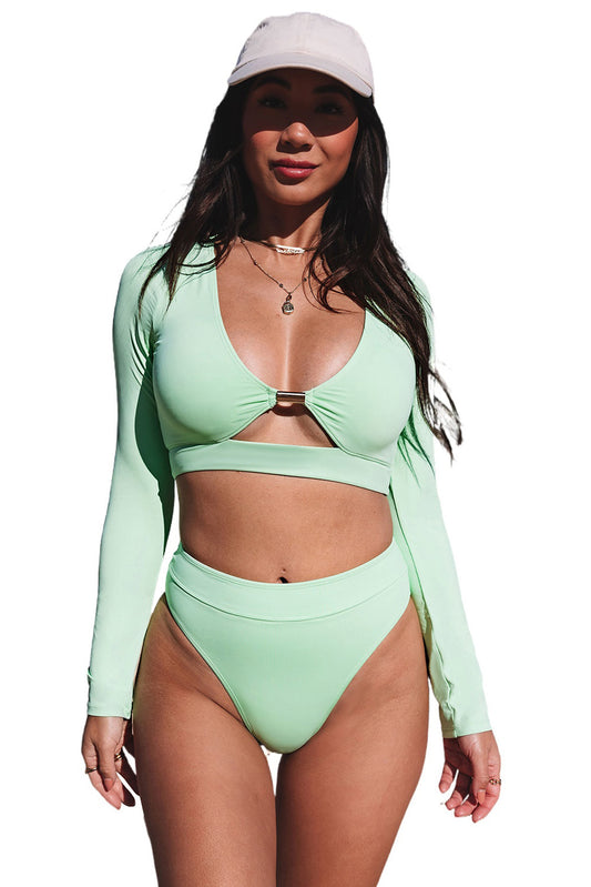 Green Long Sleeve Cutout Bikini High Waist Swimsuit MYJ0105