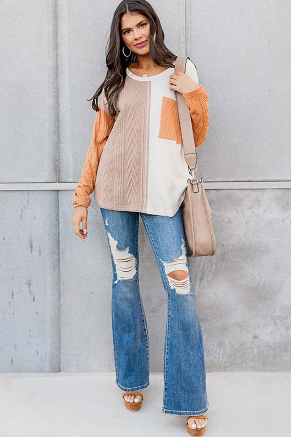 Orange Long Sleeve Colorblock Chest Pocket Textured Knit Top MTS0175