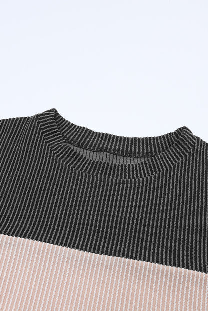 Black Color Block Long Sleeve Ribbed Loose Top MTS0155