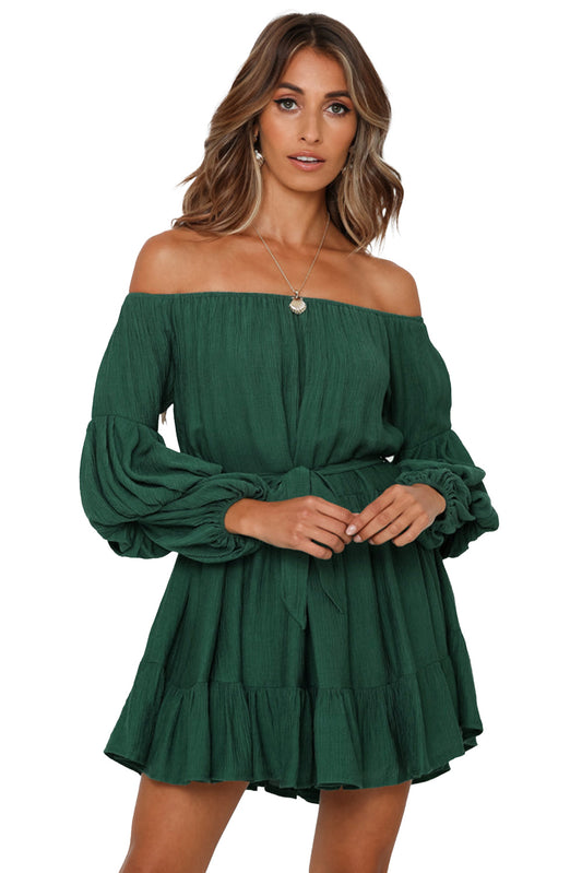Green Off-Shoulder Tiered Bubble Sleeve Ruffled Dress MDS0151