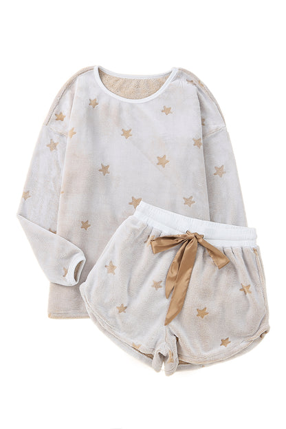 White Plush Star Pattern Long Sleeve Pullover and Shorts Lounge Set MSJ0046