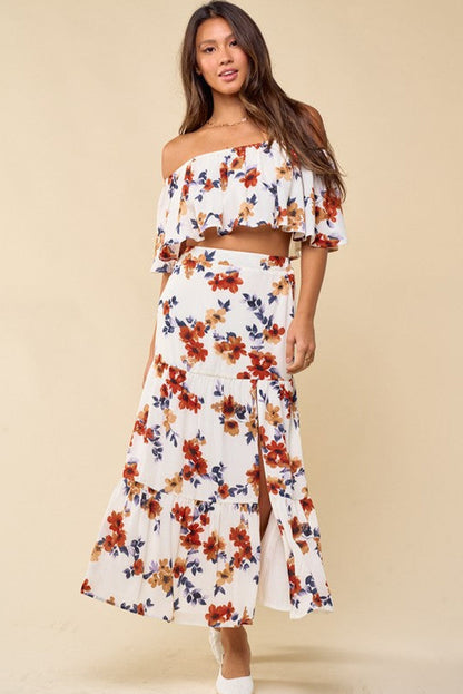 White Floral Print Off-shoulder Crop Top and Maxi Skirt Set MSO0216